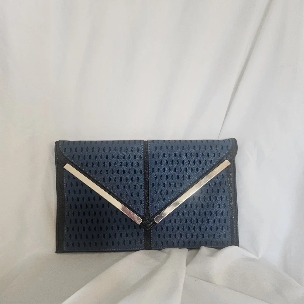 Blue Black Perforated FAUX leather Envelope Clutch
